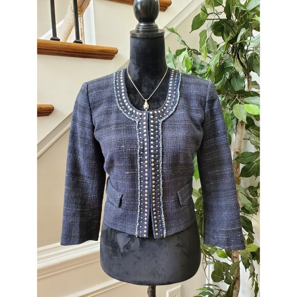 Ann Taylor Loft Women's Blue Cotton Long Sleeve Casual Crome Studded Blazer 4 - Picture 12 of 12